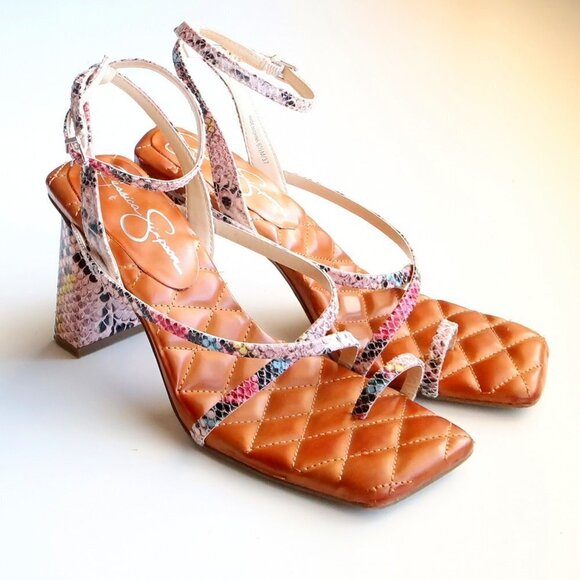 Jessica Simpson Snakeskin Toe Loop Square Toe Ankle Strap Block Heel Sandals - Picture 4 of 16